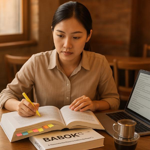 Sách BABOK mở trên bàn làm việc với tách cà phê và highlight vàng