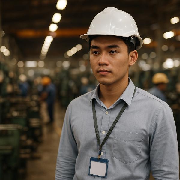 BA đội mũ bảo hộ đứng giữa xưởng sản xuất