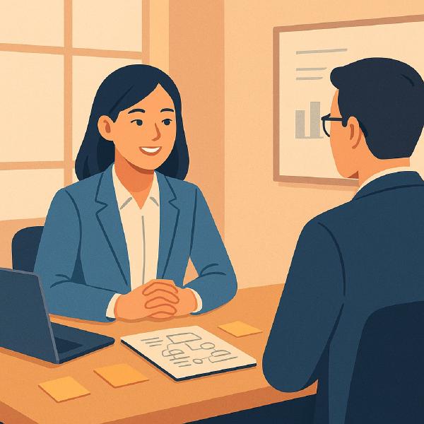 Ứng viên BA fresher ngồi phỏng vấn tự tin trước nhà tuyển dụng